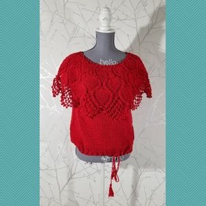 International Apparel Mart Red Crochet Tie Hem Top